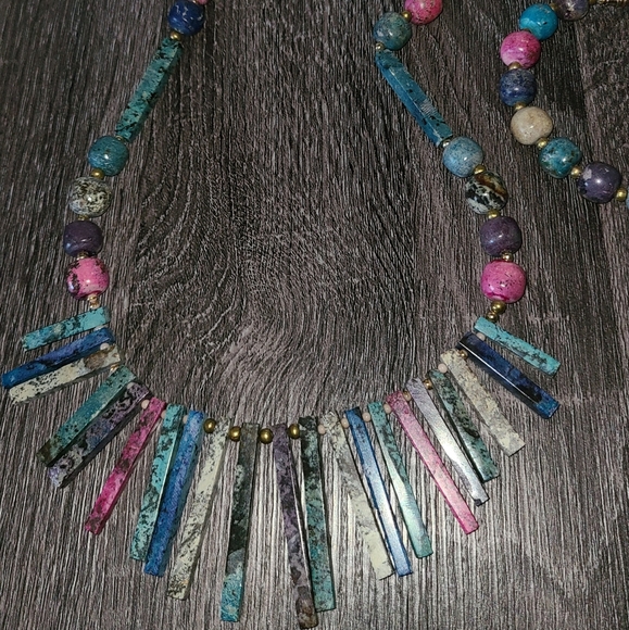 VINTAGE 2 PC SET HOWLITE STONES LONG TRIBAL NECKLACE & BRACELET COSTUME HANDMADE - Picture 2 of 10